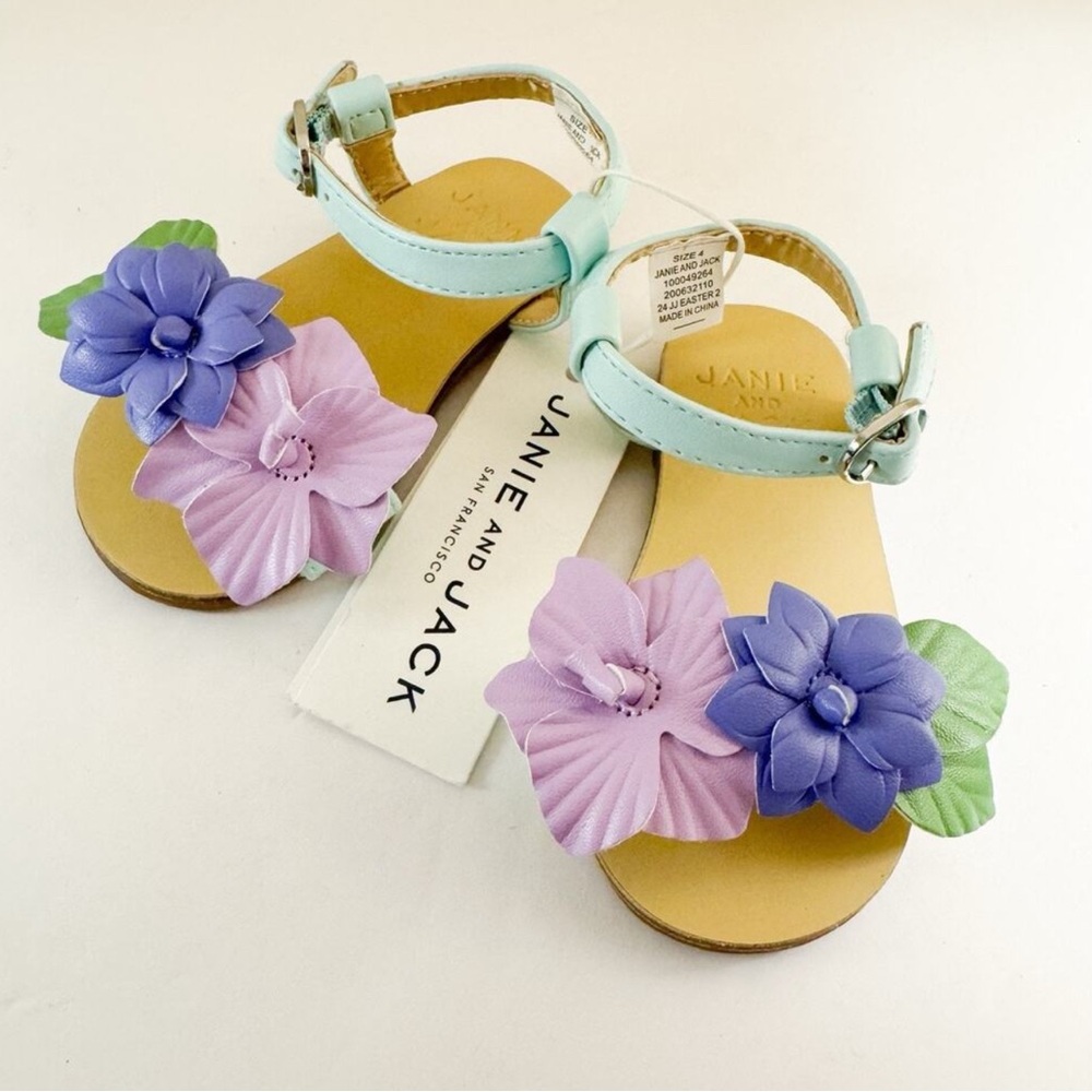 NWT! Janie And Jack Flower Sandal SIZE 4 Infant Mint & Purple Floral